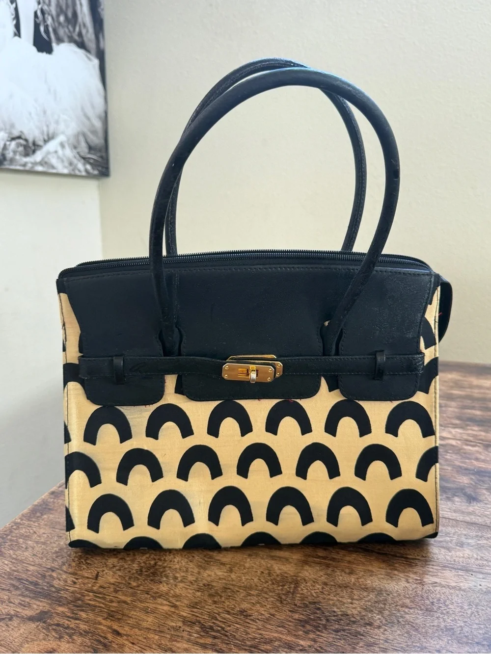 Isabella Fiore Black & Ivory Canvas Leather Satchel Handbag Geometric Print Gold